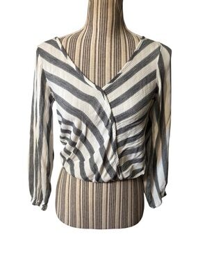 Rebellion Again Top Small White & Gray Striped Surplice Faux Wrap Long-Slvs Crop